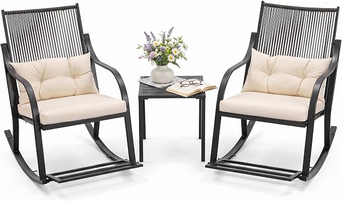 COSIEST 3-Piece Outdoor Rocking Chairs Bistro Set, All Weather Rattan Patio Furniture with 2 Chairs, Coffee Table, & Cushions for Garden, Porch, Balcony,Backyard