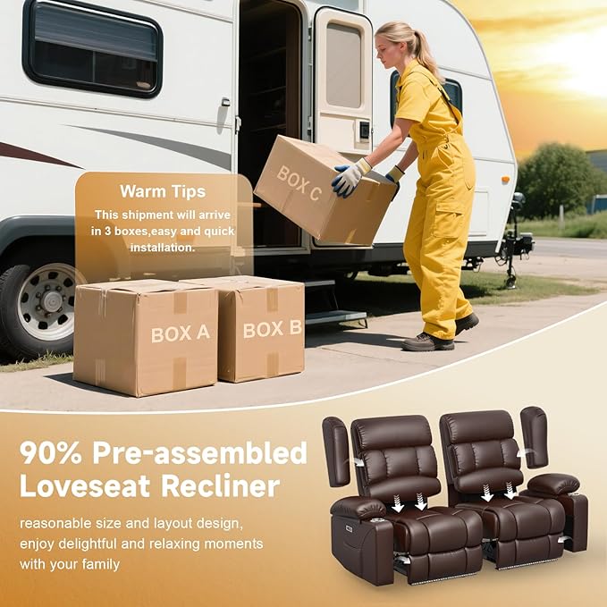 Power RV Loveseat Recliner Sofa, Electric Reclining Loveseat RV Couch with USB & Type-C Ports, Zero Wall Hugger RV Furniture with Storage & LED Light for Travel Trailers Home Theater Seating