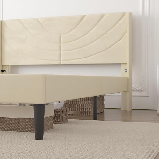 VECELO Upholstered Platform Queen Bed Frame with Fabric Headboard,Wooden Slats Support/No Box Spring Needed/Mattress Foundation,Beige