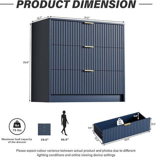 Furniway Navy Blue Dresser for Bedroom, Modern Dresser with 3 Drawers and Smooth Slides, Wide Chest of Drawers with Golden Handles for Bedroom, Living Room, Closet, 15.7" D x 31.5" W x 29.6" H