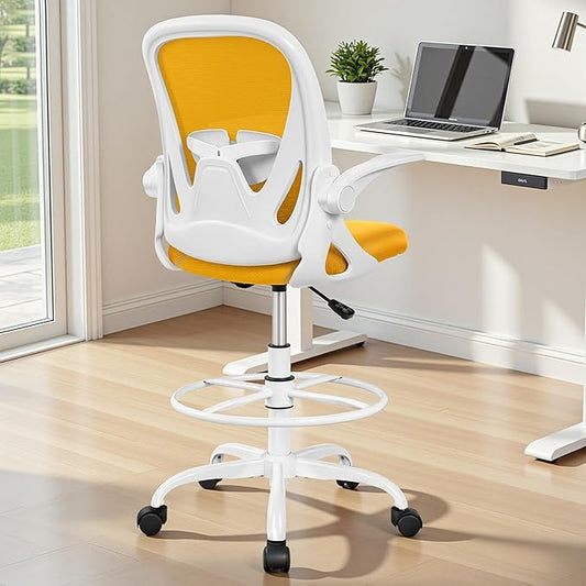 Primy Drafting Chair Tall Office Chair with Flip-up Armrests Executive Ergonomic Computer Standing Desk Chair with Lumbar Support and Adjustable Footrest Ring (Mustard)