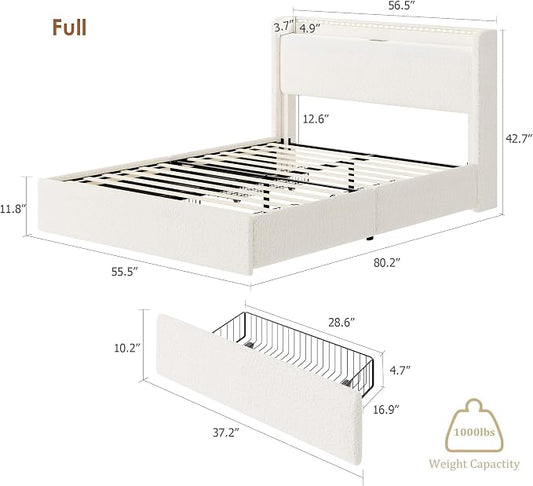 Full LED Bed Frame with 4 Storage Drawers and Storage Headboard, Soft Boucle Upholstered Platform Bed Frame with Charging Station and USB Ports, Solid Wood Slats Support, No Box Spring Needed, Cream