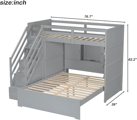 RUNNA Twin Over Full Bunk Bed with Storage Stairs,USB,Light Gray | Twin over full bunk bed with storage stairs,USB charging station,light,solid wood,guardrails,no box spring needed,Light Gray