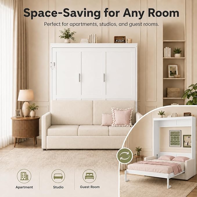 Queen Murphy Bed with Couch, Space Saving Wall Bed Cabinet Bed with Sofa and Storage, Folding Wall Bed with Dual Piston Metal Mechanism, Hide Away Bed for Studio, Small Apartment, Guest Room(White 4)