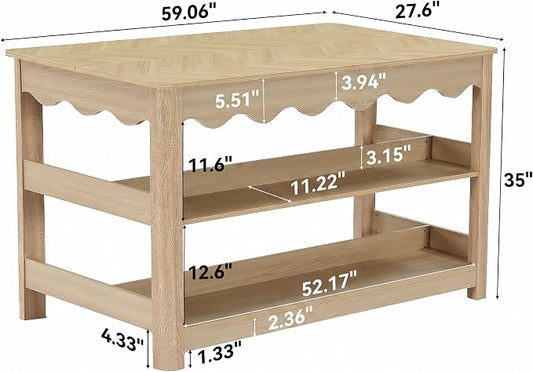 LITTLE TREE 59-Inch Kitchen Island with Seating and Storage, Large Farmhouse Stationary Island Table with Large Worktop, 3-Tier Open Shelves & Leg Room, Light Oak Kitchen Prep Station, Breakfast Bar