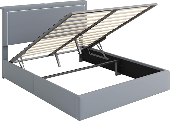 Allewie Full Size Lift Up Storage Bed Frame with Charging Station & LED Lights, Adjustable Velvet Upholstered Storage Headboard, Type-C & USB Ports, Hydraulic Support, No Box Spring Needed, Grey