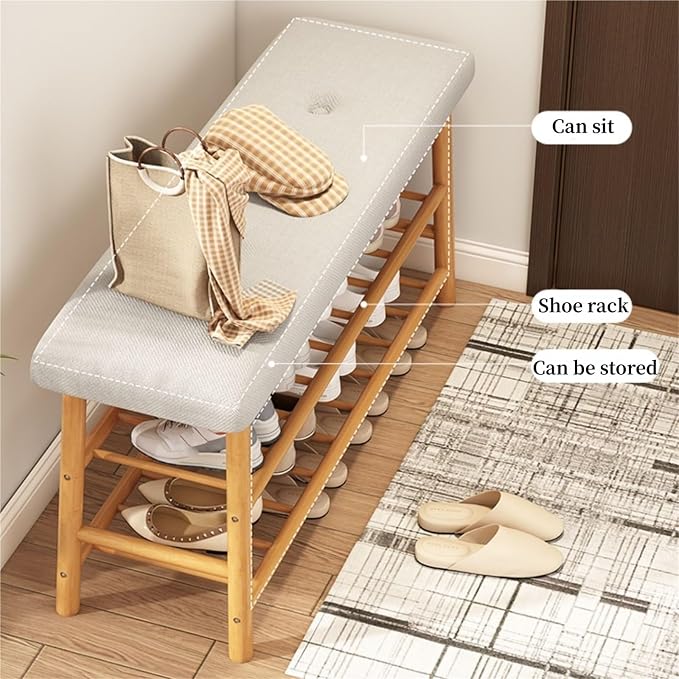 Bamboo Entryway Bench Upholstered Shoe Storage Bench Shoe Rack Bench Shoe Organizer Rack for Hallway Living Room Closet Front Door,Living Room