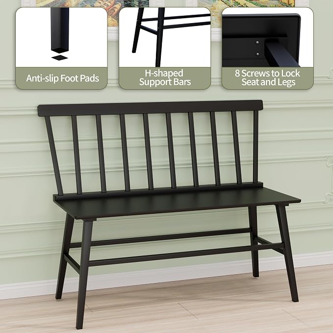 APRTAT Bamboo Entryway Bench, Dining Bench with Spindle Back (Black) | Natural Bamboo & H-Shaped Support, Spindle Back, Ideal for entryways, bedrooms, outdoor settings, Easy Assembly & Clean