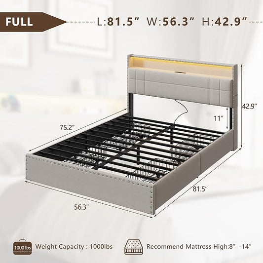 Forestell Full Size Bed Frame with 4 Drawers and Storage Headboard, Upholstered Platform Bed Frame Full Size with LED Lights and Charging Station, Metal Slats Support, No Box Spring Needed, Beige