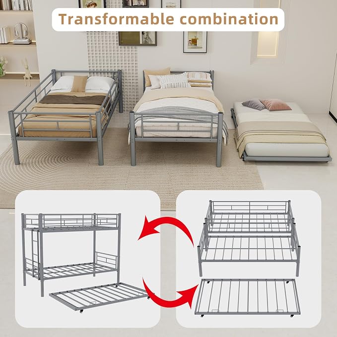 Detachable Bunk Bed Twin over Twin with Trundle, Heavy Duty Triple Bunk Bed Frame for Kids, Teens, Adults, Space Saving 3 Beds with Safety Guardrails & Ladde for Bedroom, Dorm, Noise-Free, Silver