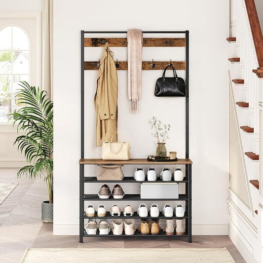 HOOBRO Hall Tree, Coat Rack with Shoe Rack, 39.4” Hall Tree with Bench, 5 Tier Shoe Storage Organizer with 9 Hooks for Entryway, Closet, Sturdy, Industrial, Rustic Brown and Black BF801MT01