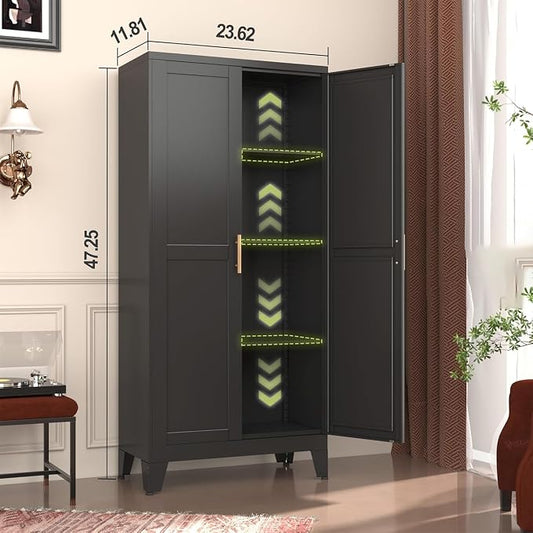 GAIOUS Metal Storage Cabinet With 2 Doors and 3 Adjustable Shelves, Black Kitchen Pantry for Food, Utility Cabinet for Laundry Room, Cupboard