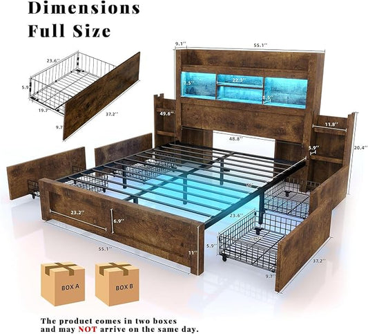 LUXOAK Full Bed Frame with 49.6" Bookcase Headboard & 2 Bedside Stoage Racks & 4 Drawers, Farmhouse Wood Bed Frame with RGB LED & Charging Station, No Box Spring Needed, Rustic Brown