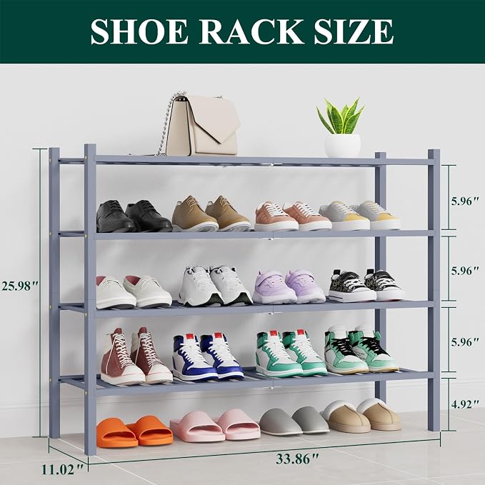 Smiry Long Bamboo Shoe Rack, 4 Tier Free Standing Wooden Shoe Organizer, Stackable Wood Shoe Storage Shelf for Closet, Entryway, 14 Vertical Slats, 2+2 Stack Heavy-Duty Legs, 33.7"x11"x26", Grey