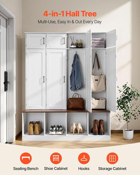 VEVOR Hall Tree with Bench and Shoe Storage, 59" Wide, 4-in-1 Entryway Hall Tree with Bench, Hanging Hooks, Storage Cabinet, and Shoe Cabinet, Wooden Furniture for Mudroom, Entryway, Hallway, White
