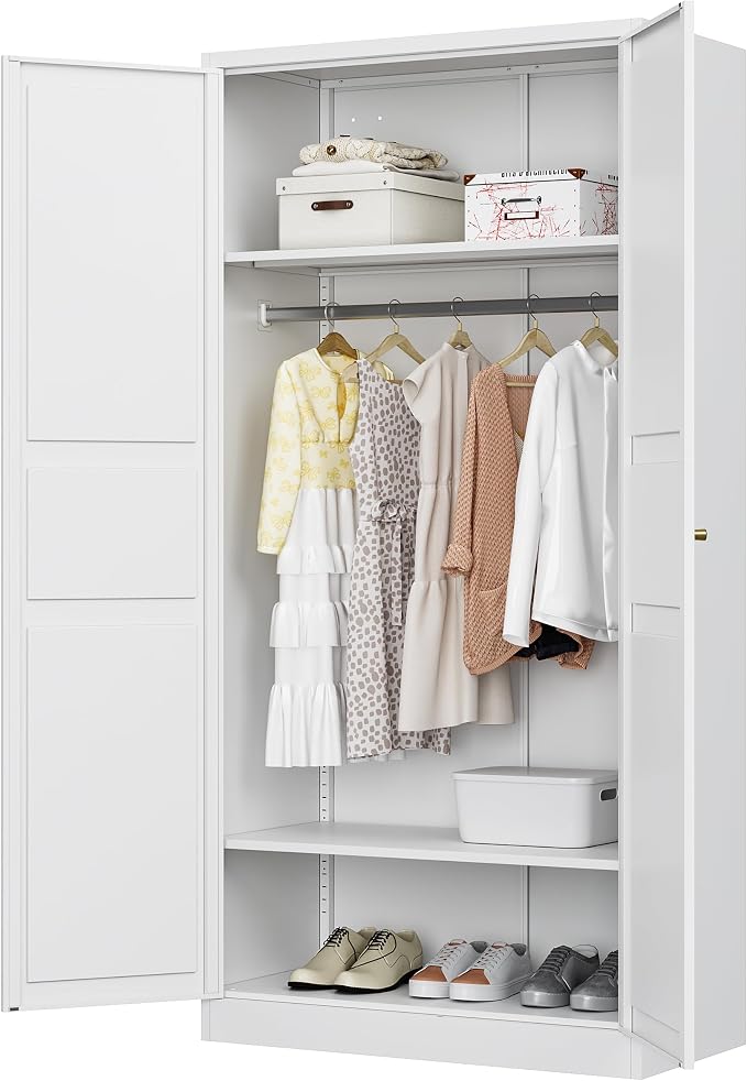 BYNSOE Metal Armoire Wardrobe Closet with 2 Doors 72'' Wardrobe Cabinet with Hanging Rail Metal Closet with Adjustable Shelves for Bedroom Require Assembly(White, 72inch)