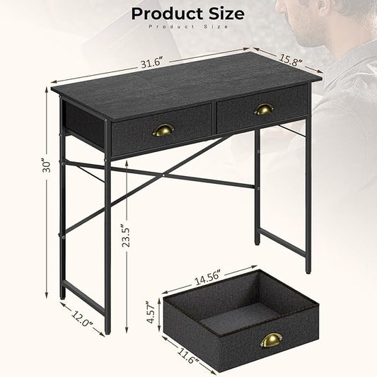 DAOUTIME Black Writing Desk for Kids Bedroom, 31.5 Inch Small Computer Desk for Small Spaces, Simple Desk with 2 Fabric Drawers for Home Office, Dorm, Living Room, Home Study Table, Black