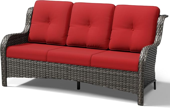 Joyside Outdoor Patio Couch, 3 Seater Outdoor Wicker Sofa with High Back, Deep Seating, Wide Armrest, Thickened Cushions, Patio Sofa for Deck, Porch Use