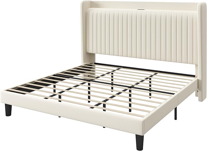 SHA CERLIN King Size Velvet Bed Frame with USB Charging Station, Wingback Storage Headboard, Upholstered Platform Bed with Wooden Slats Support, No Box Spring Needed, Easy Assembly, Cream White