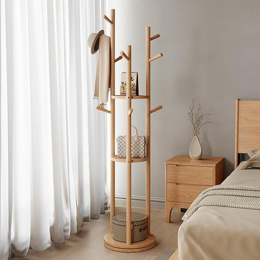 Muwuele Solid Wood Rotary Coat Rack, Freestanding Coat Rack with 3 Shelves and 9 Hooks, Coat tree for Bedroom, Entryway, Livingroom, Coat Hanger Stand for Coats, Scarves, Handbags (Natural)