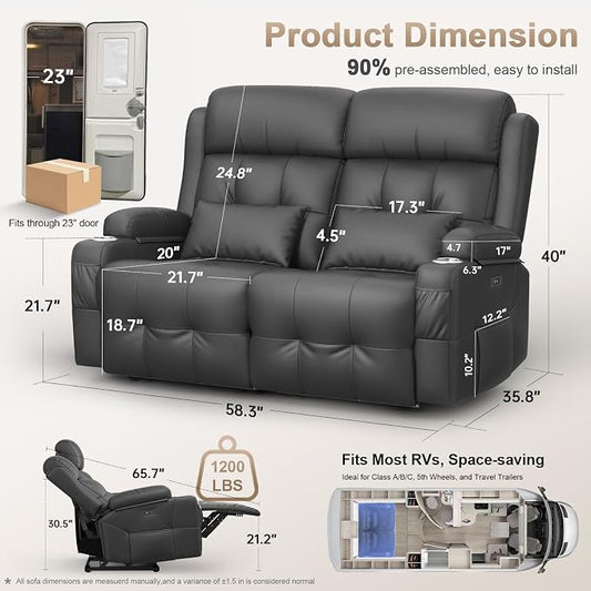 Power Reclining Loveseat with Massage & Heat,Wall Hugger Home Theater Seating with LED Lights,USB & Type-C Ports, Ideal for RV, Home Theater and Game Room,Gray,2 Seats
