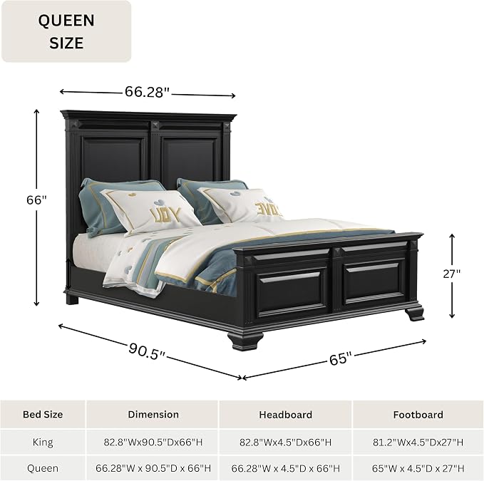 Roundhill Furniture Renova Vintage Black Wood Bedroom Set, Queen Panel Bed, Dresser, Mirror, Nightstand, Chest