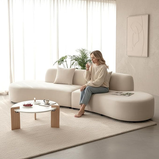 Container Furniture Direct Belmont 132" Curved Sofa with Throw Pillows, 6 Seater Luxury Velvet Couch with Half Moon Design and High-Density Foam Ideal for Modern Living Room, Office & Apartment, Ivory