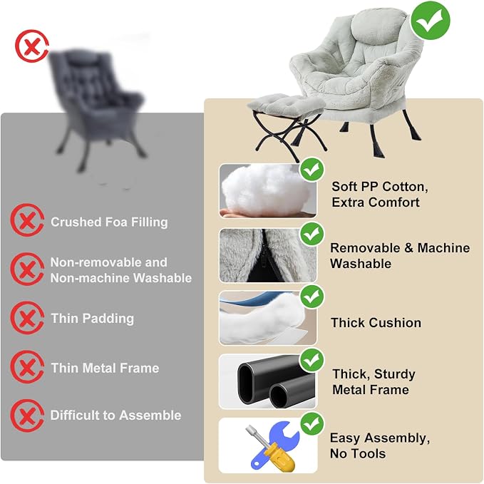 Furlide Lazy Chair with Ottoman, Modern Accent Chair with Armrests and a Side Pocket, Plush Green Accent Chairs, Reading Chairs, Oversized Armchairs for Bedroom, Study, Living Room, Courtyard