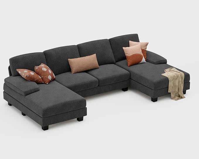 Furniwell Convertible Sectional Sofa Couch, 4 Seat Sofa Set for Living Room U-Shaped Modern Fabric Modular Sofa Sleeper with Double Chaise & Memory Foam (Corduroy, Deep Grey)