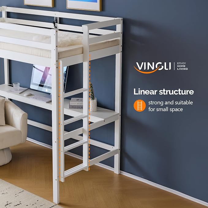 VINGLI Loft Bed with Desk, Wood Bunk Bed Twin Size with RGB LED for Adults, 2 Charging Station on High Guardrail and Desk,Wood Slat Support, White