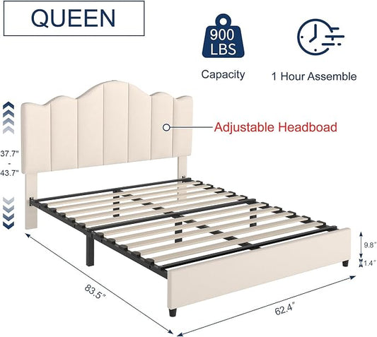 VECELO Queen Bed Frame with Adjustable Headboard, Heavy-Duty Upholstered Platform with Strong Wood Slats, No Box Spring Needed, Easy Assembly, Pure Beige