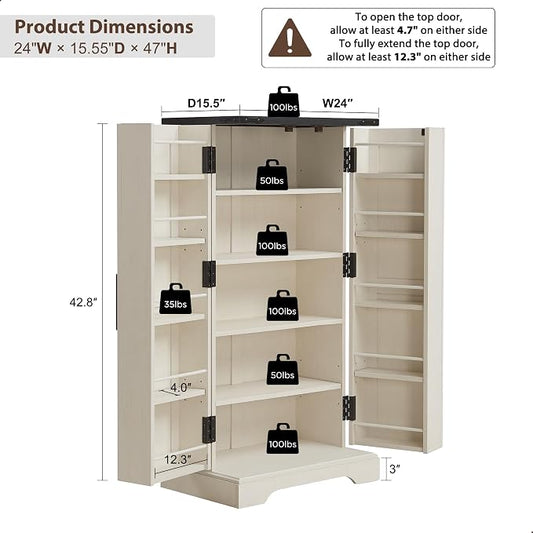 ACCOHOHO 47" Kitchen Pantry, Farmhouse Storage Cabinet with Barn Doors, Organizer and Adjustable Shelves, Rustic Wood Cupboard for Kitchen, Dining Room, Bathroom and Hallway, Off White