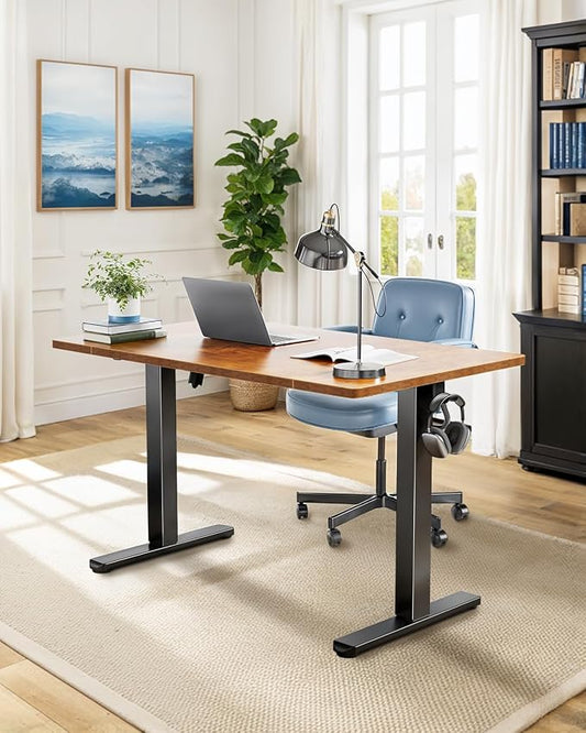 HUANUO 48 x 24 inch Electric Standing Desk, Height Adjustable Table with Headphone Hooks & Cable Manager, Sit to Stand up Desk for Home Office, Vintage Brown