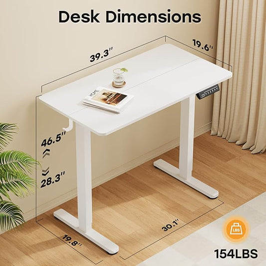 Small Electric Standing Desk, 40" ×20" White Standing Table, Height Adjustable Compact Sit Stand Desk with Splice Board, Home Office Table with 2 Hooks