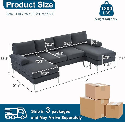 VINGLI 110" Modern Sectional Couch with 51" D Double Chaise, Dark Grey Deep Seat U Shaped Couch with Removable Pillows & Metal Legs, Comfy 4-Seat Sofas for Living Room, Linen Fabric