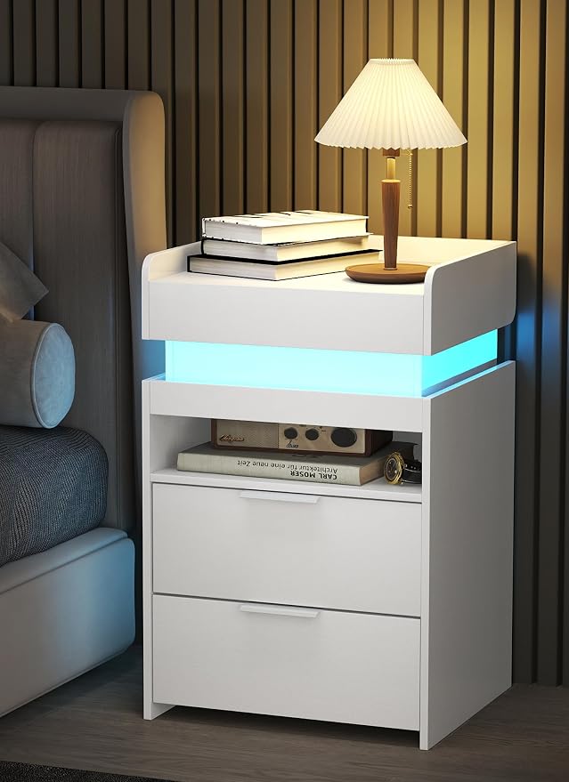 White Nightstand with Charging Station, Hidden Sliding Top Compartment with USB-C, 2 USB Ports & 2 Outlets, Modern Night Stand with Drawers for Bedroom