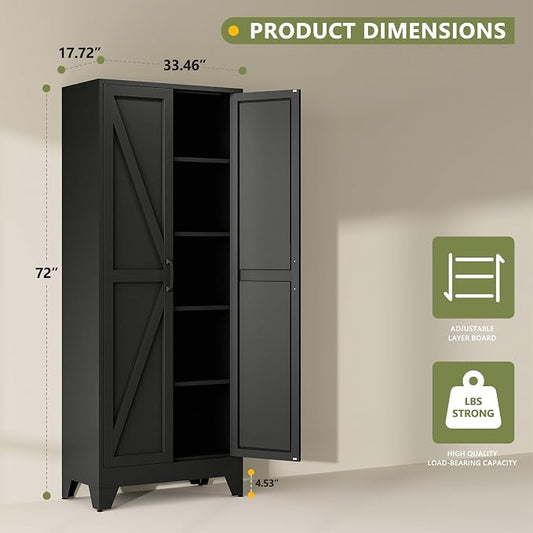 RAVIGIN Farmhouse Storage Cabinet,72" H Metal Pantry Cabinet with Barn Doors and Adjustable Shelves,72" H 6-Tier Rustic Pantry Organizers for Kitchen,Dining Room,Black