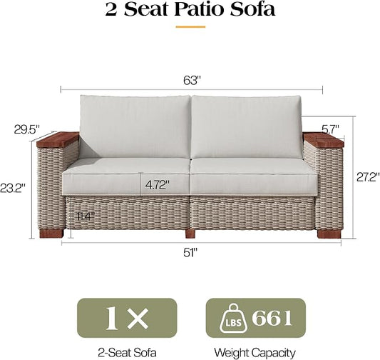 PaPaJet Outdoor Loveseat Patio Sofa, Wicker Couch with Solid Armrests & Legs, 4.7" Thick Cushion, UV-Resistant Modular Sofa for Porch, Backyard, Garden