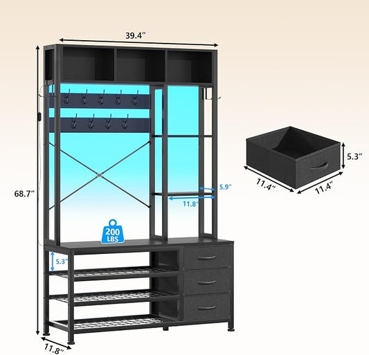 39.4'' Hall Tree with Bench and Shoe Storage, Entryway Bench with Coat Rack, 25-in-1 Tall Hall Tree with Led Lights (Black)