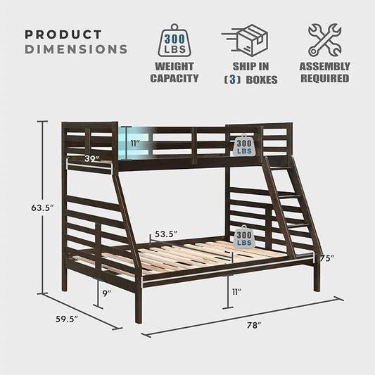 Lexicon Bunk Bed Twin Over Full, Wooden Bed Frame with Sturdy Ladder and Safety Guard Rails, Modern Space-Saving Design, for Bedroom/Guest Room, No Box Spring Needed, Dark Brown