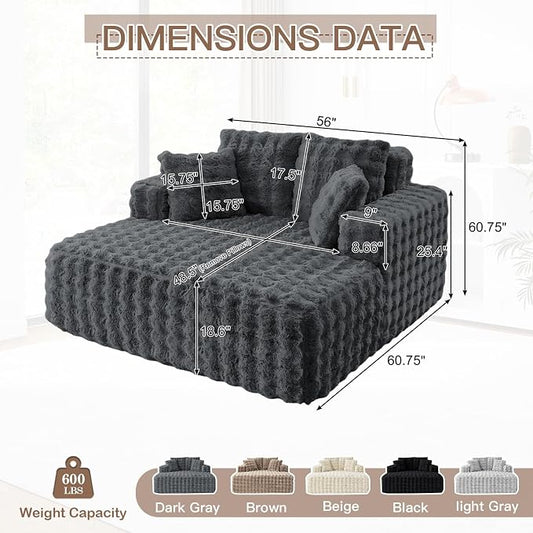 JEEOHEY 56" W Oversized Chaise Lounge Chair Indoor,Plush Faux Fur Sleeper Couch Sofa Bed with Pillows,Fluffy Comfy Cloud Sofa,Compression Foam Boneless Couch for Living Room,Bedroom(Bubble, Grey)