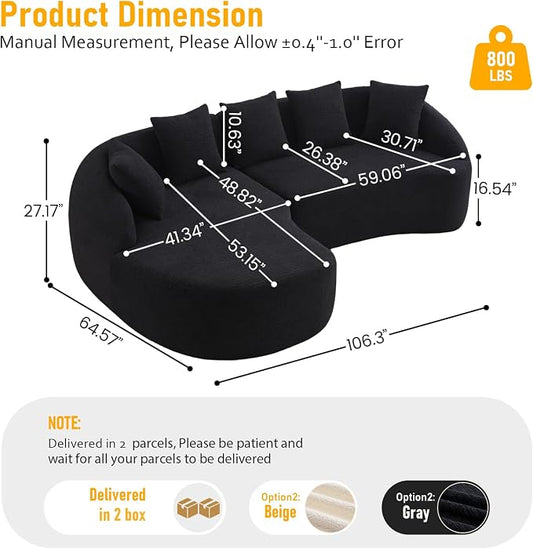 106.3" Curved Sofa with L-Shape Chaise,Modern Luxury Chenille 4-Seater Sofa,Curved Cloud Couch with 4 Throw Pillows for Living Room, Apartment (Black)