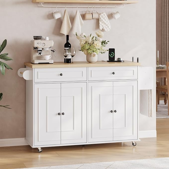58 Inch Kitchen Island with Storage Cabinet, Island Table for Kitchen, Rolling Islands Cart with Power Outlet, Adjustable Shelves, Drawers, Spice and Towel & Knife Racks, White