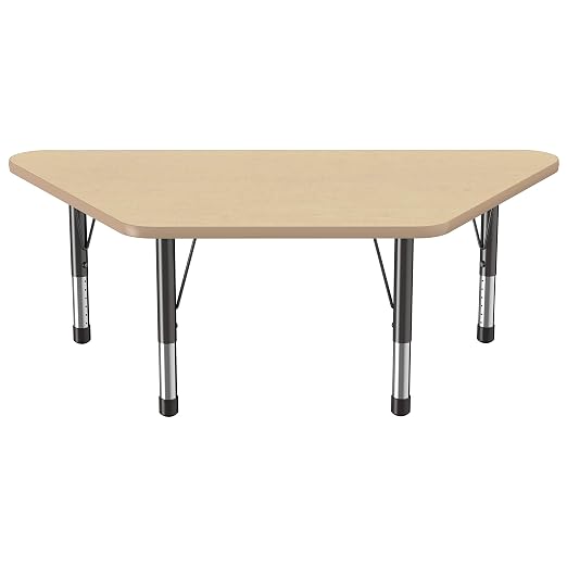 FDP Trapezoid Activity School and Classroom Kids Table (30 x 60 inch), Chunky Toddler Legs for Collaborative Seating Environments, Adjustable Height 15-24 inches - Maple Top and Maple Edge