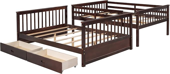 Merax Full-Over-Full Bunk Bed with Two Storage Drawers, Solid Wood Full Size Bunk Bed with Guardrail and Removable Ladder, Can be Converted Into 2 Separate Beds, Espresso