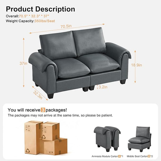 70.5" Faux Leather Modular Sectional Loveseat Sofa, Oversized 2 Seater Upholstered Couch with Curved Armrests, Cloud Modern Deep Seat Love Seat Sofa for Living Room, Grey