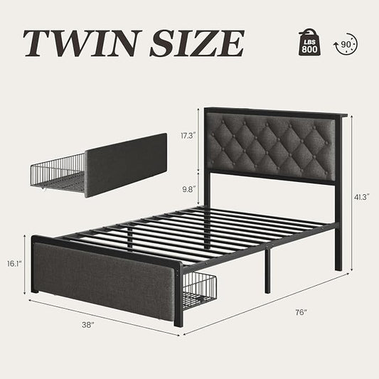Fluest Twin Bed Frame with Storage Drawer, Upholstered Headboard Button Tufted Bed Frame with Charging Station, No Box Spring Needed, Noise-Free, All Metal Structure, Grey