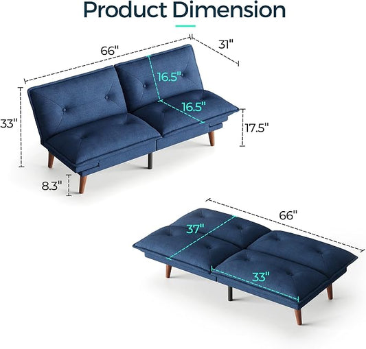LINSY HOME Futon Sofa Bed, 70" Chenille Futon Couch with Adjustable Backrest Armrest, 3 in 1 Convertible Comfy Loveseat Sleeper Sofa Bed for Small Spaces Dorm Room Apartment Home Office, Dark Blue