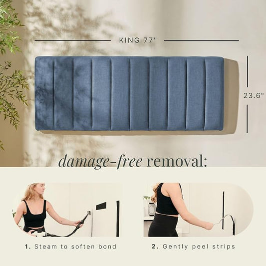 Hearth & Harbor Wall Mounted King Headboard Only, Bed Headboard King Size | Easy Assemble, Floating Peel and Stick, Upholstered, Channel Stitched, 3D Wall Panels, 5 Strips of 3M Tape Included, Blue
