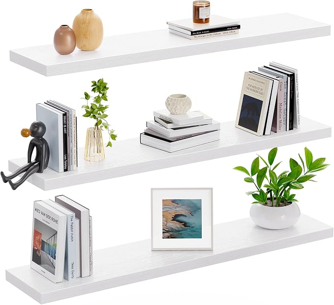 AMADA HOMEFURNISHING 23.6" L Floating Shelves, Wall Shelves Set of 3 for Bathroom/Living Room/Bedroom/Kitchen, White Floating Shelves for Wall Decor with Invisible Brackets - AMFS44W